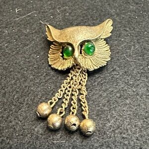 Gold Owl Brooch with Green Accents